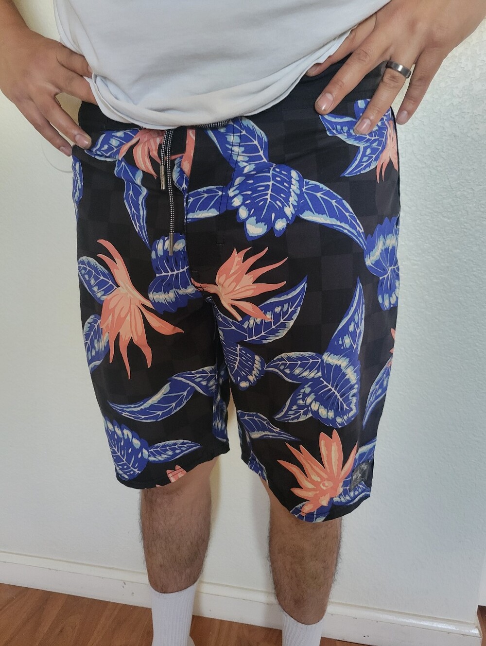 Vans Black Floral Board Shorts with Blue and Coral Leaves Perfect For Swimming